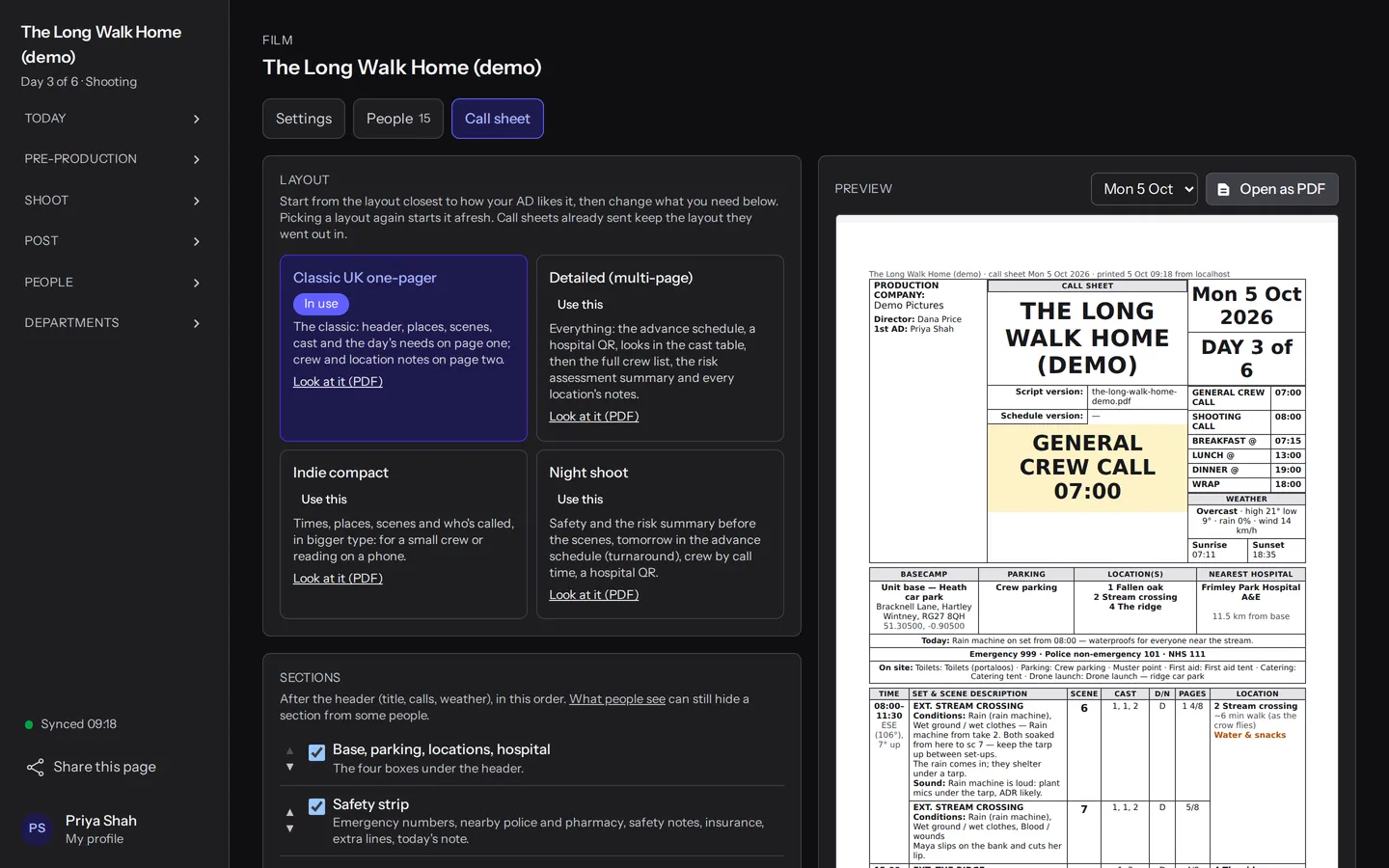StoodioHub: Call sheets, laid out the way your first AD likes them, sent to the whole crew